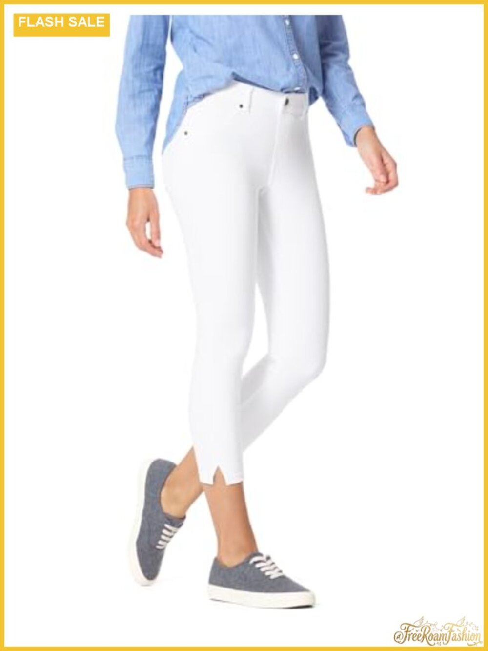 Ankle Slit Denim Capri Leggings with Pockets